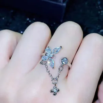 Jóias de diamante anel feminino desenho de borboleta abertura da cadeia de borla anel