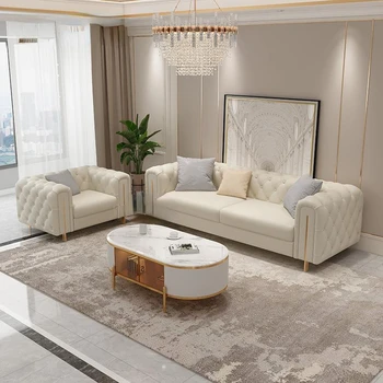 Minimalista Contemporânea, Sofá Lounge De Luxo High-End Sofá Chesterfield Apartamento Branco Seccionais Sofá De Couro Genuíno Móveis